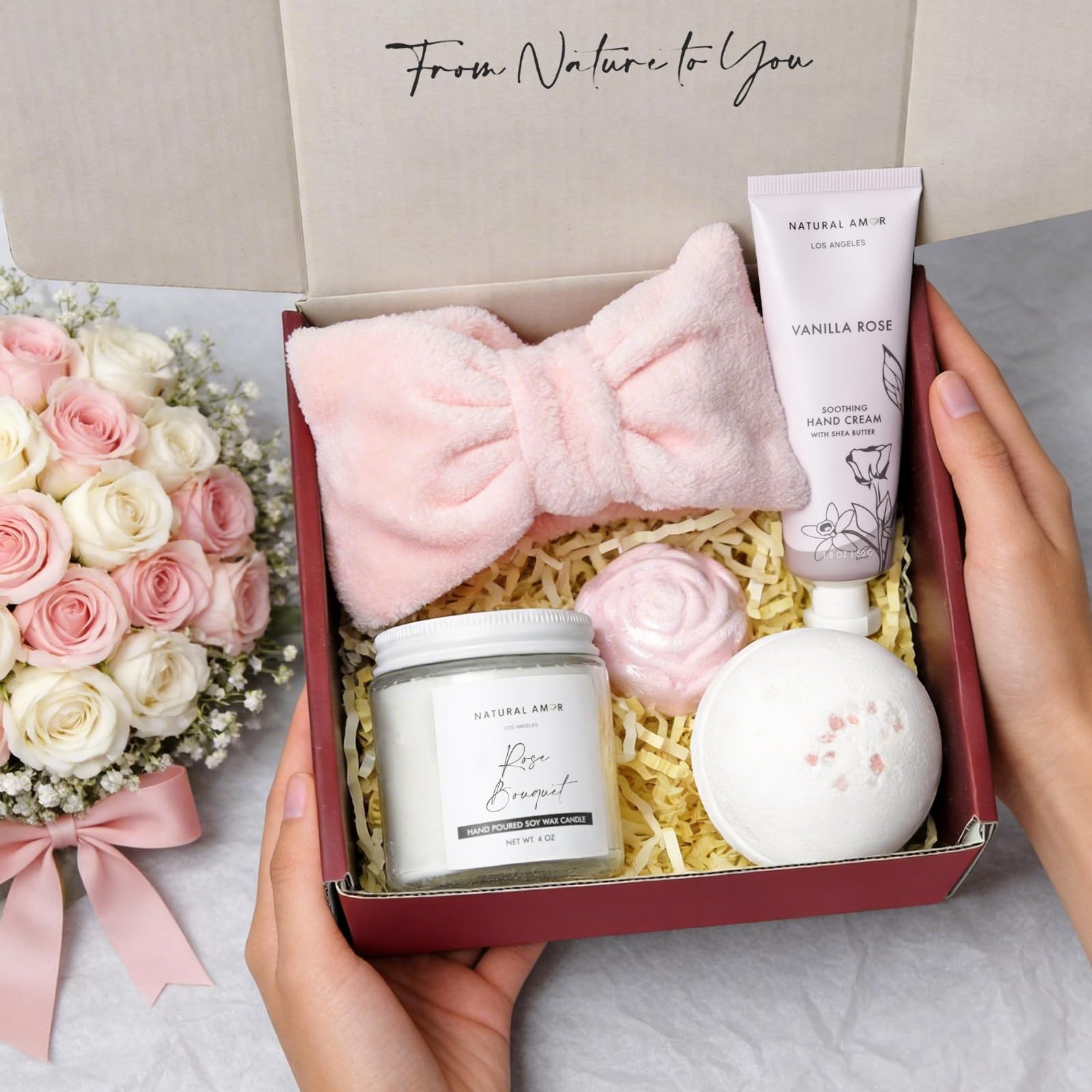 Natural Amor Relaxation Spa Gift Set for Women, 5 Piece Bath & Body Box with Candle, Hand Cream, Bath Bombs & Headband, Self Care Gift for Her
