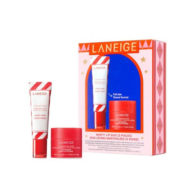 LANEIGE Minty Lip Duo: Peppermint Lip Sleeping Mask and Candy Cane Lip Glowy Balm for Soft, Hydrated Lips