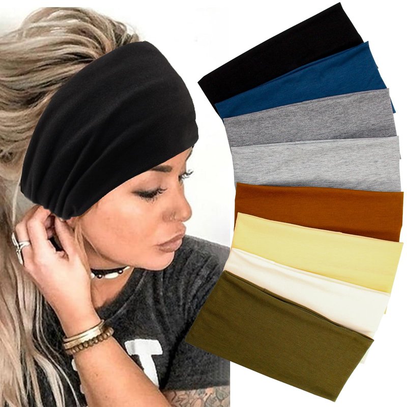 Yeshan Wide Headbands For Women Stretch Boho Head Bands Large Turban Sweatbands Workout Yoga Running Hairband,Pack of 8