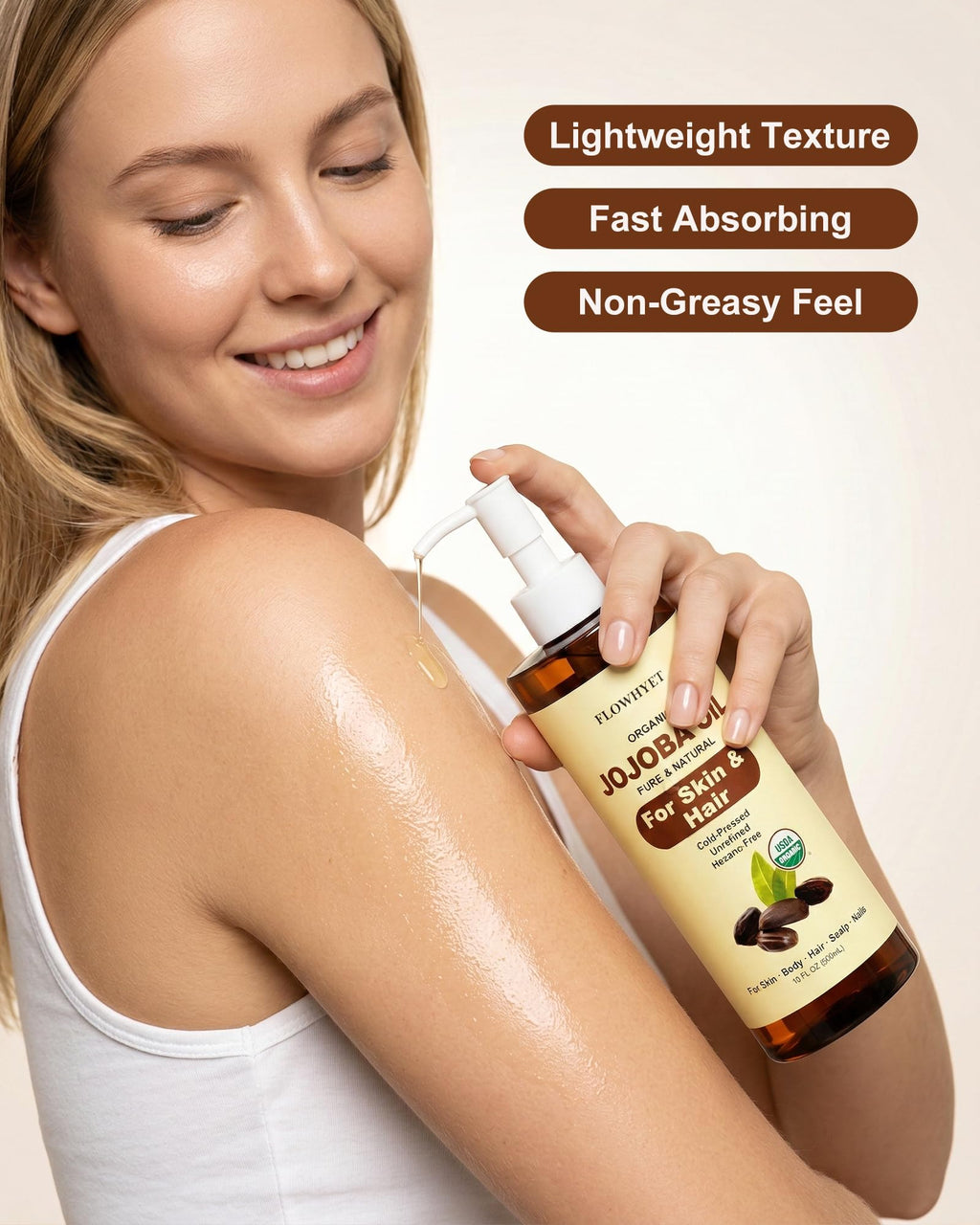 FLOWHYET 16 fl oz Jojoba Oil Organic Cold Pressed, USDA Certified, 100% Pure Jojoba Carrier Oil for Skin, Hair, Face, Body, Scalp & Nails, Unrefined, Hexane-Free