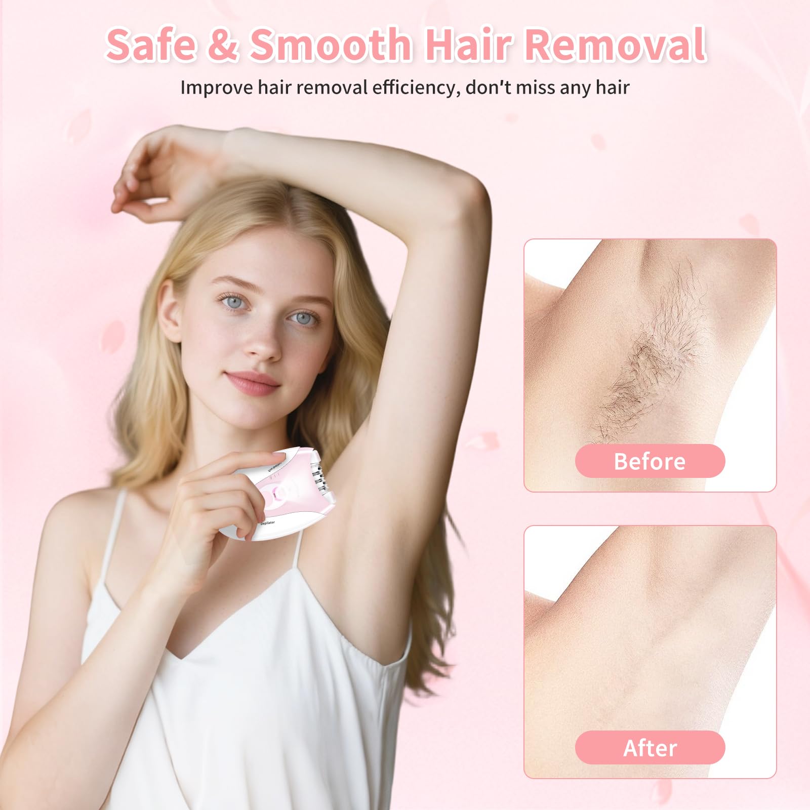 Epilator for Women - 2 Speeds Smooth Skin Face Epilators with LED - Long-Lasting Cordless Electric Tweezers Hair Remover for Armpit/Leg/Bikini Area/Arm/Facial Epilator Hair Removal for Women