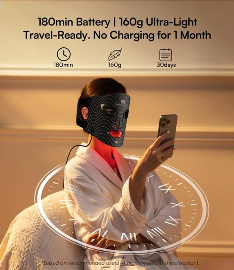 INIA Red Light Therapy Mask for Face – 4 Light Modes with 850nm NIR, Red & Blue LED Light Therapy, 2600mAh Rechargeable LED Face Mask for Radiant Glow at Home, Black
