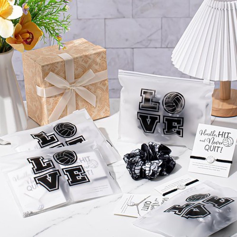 Juexica 48 Pcs Volleyball Team Gifts for Teen Girls: 12 Hair Scrunchies 12 Charm Bracelet 12 Necklace and 12 Love Pattern Waterproof Cosmetic Bags for Players and Volleyball Lovers