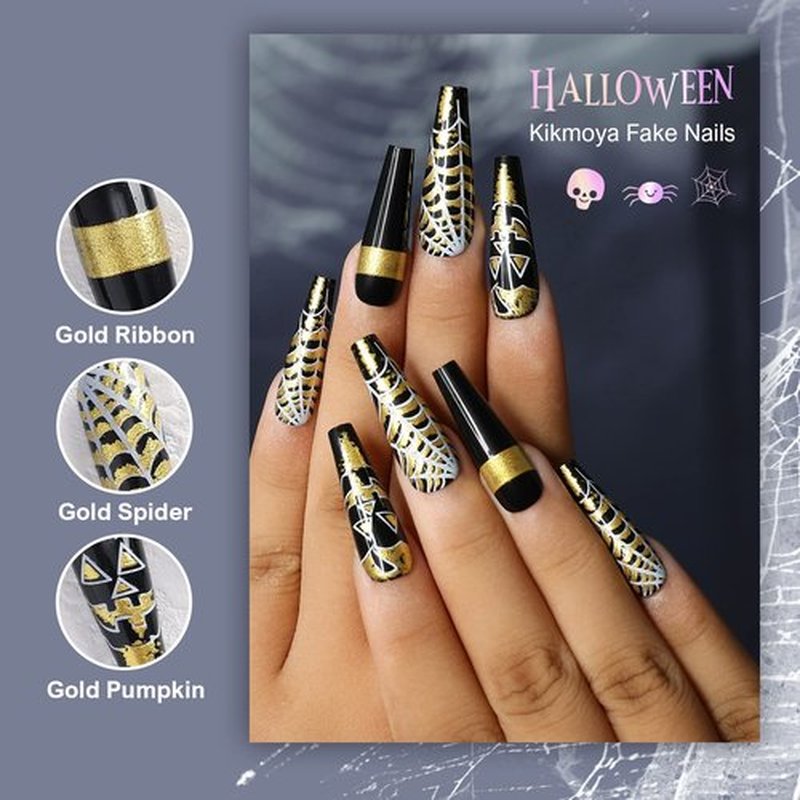 Kikmoya Halloween Extra Long Press on Nails Black Coffin Fake Nails with Gold Pumpkin Sipder Web Design Stick on Nails for Women 24pcs Glossy Acrylic Artificial False Nails (Gold Pumpkin Coffin)