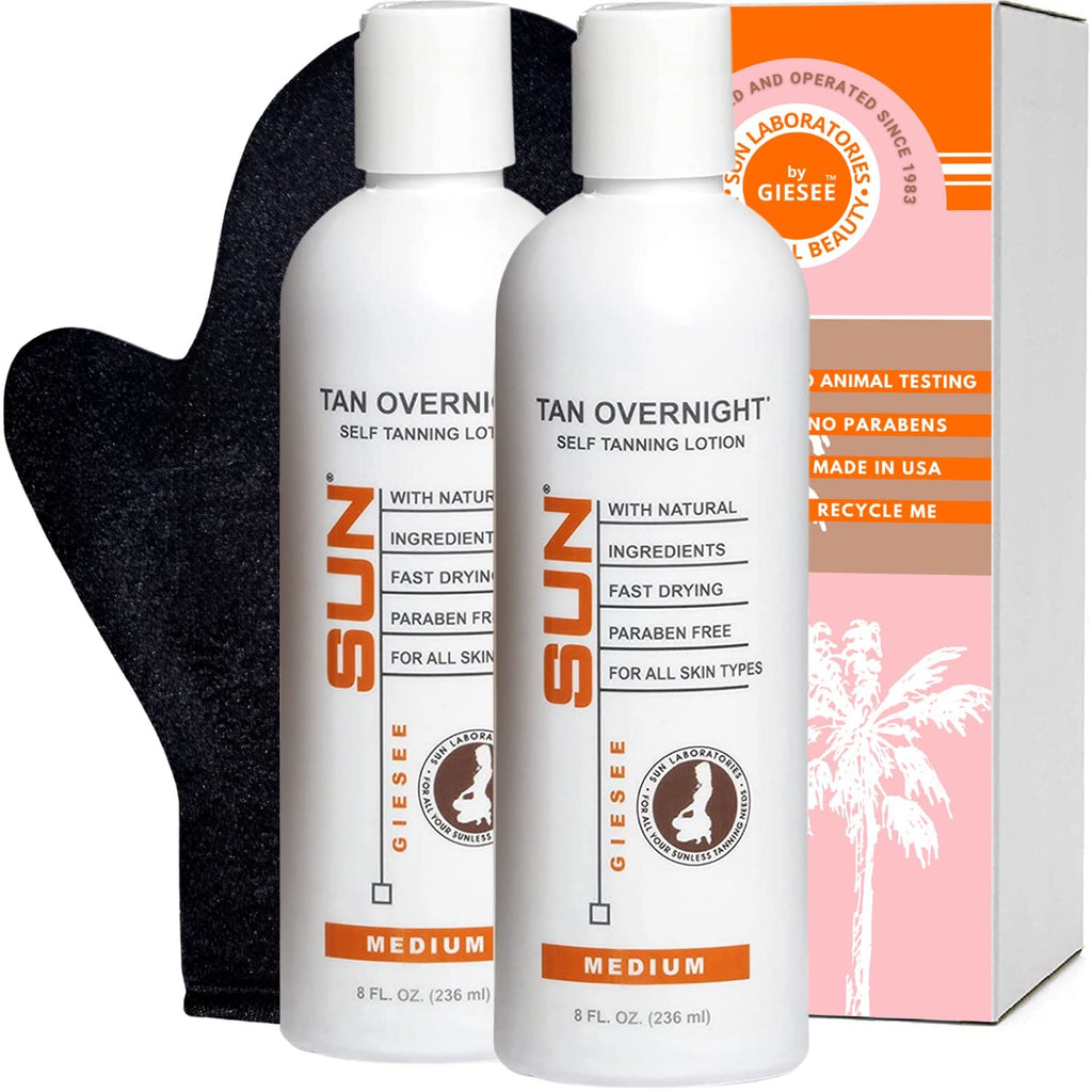 Sun Laboratories By Giesee Tan Overnight Sunless Tanning Lotion 8 oz Two Pack With Tanning Mitt | Self Tanning Lotion, Self Tanner, Organic, Waterproof, Travel Size, Instant Tan, Pregnancy Safe