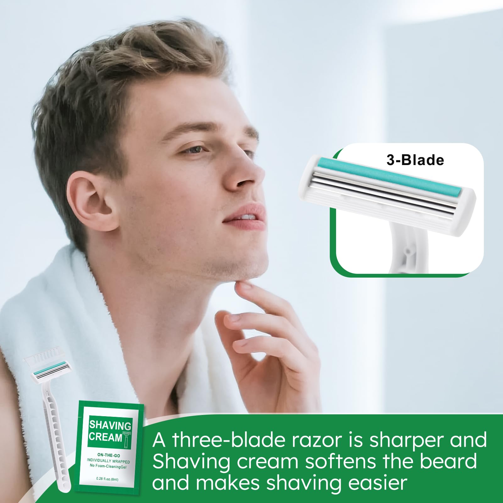 Xuezoioy Disposable Razors Bulk - Pack of 10,Individually Wrapped Grey 3 Blade Razors with 8 ml/0.28 fl oz Packet Shaving Cream and Clear Cap for Homeless,Hotel,Shelter,Travel
