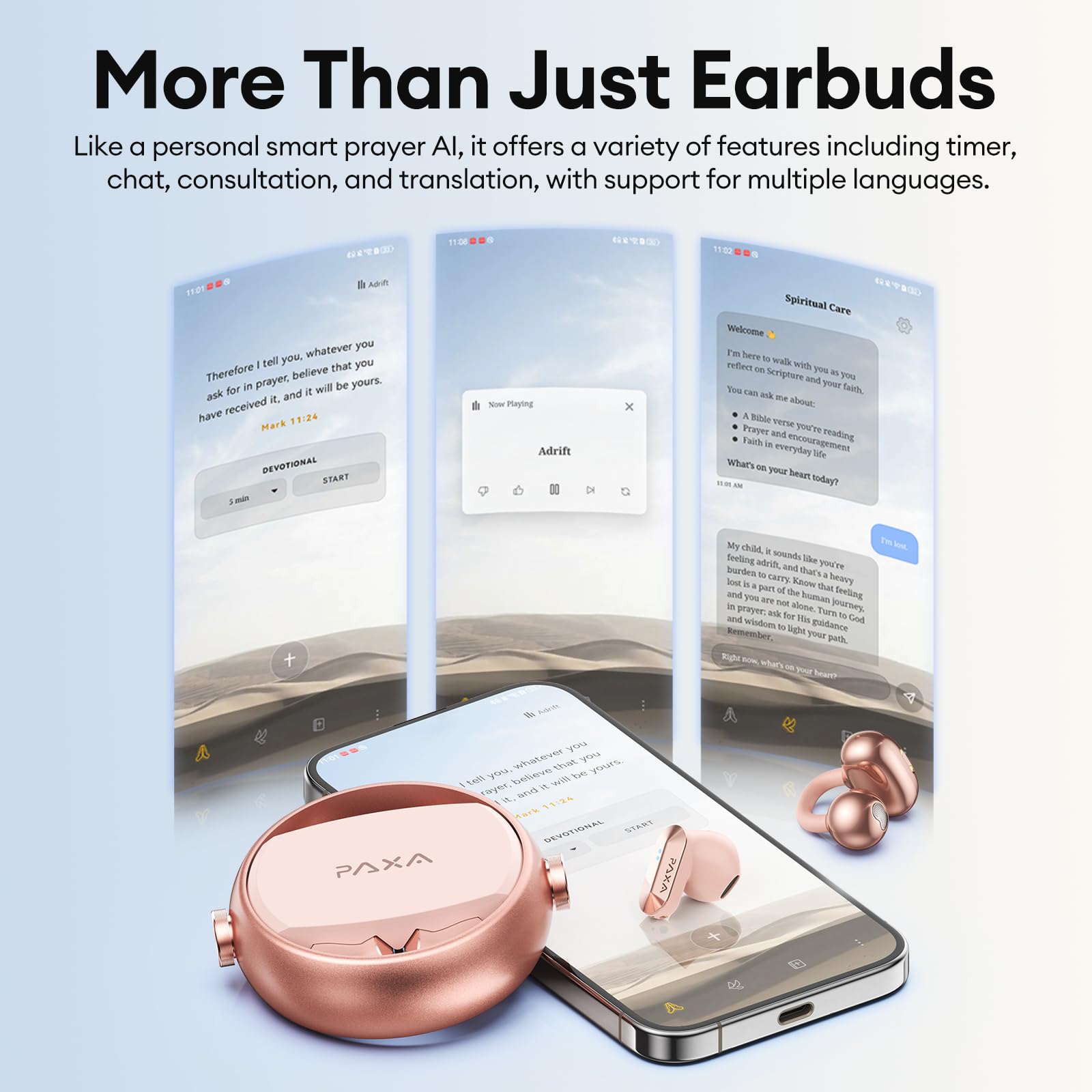 PAXA 2-in-1 Open Ear Clip-On Wireless Earbuds with StillVoice App, Bluetooth 6.0, 140H Playtime, Hybrid Noise Reduction, Auto L/R Sync, Comfortable Fit for Work, Fitness & Daily Use, Ctbuds Rose Gold