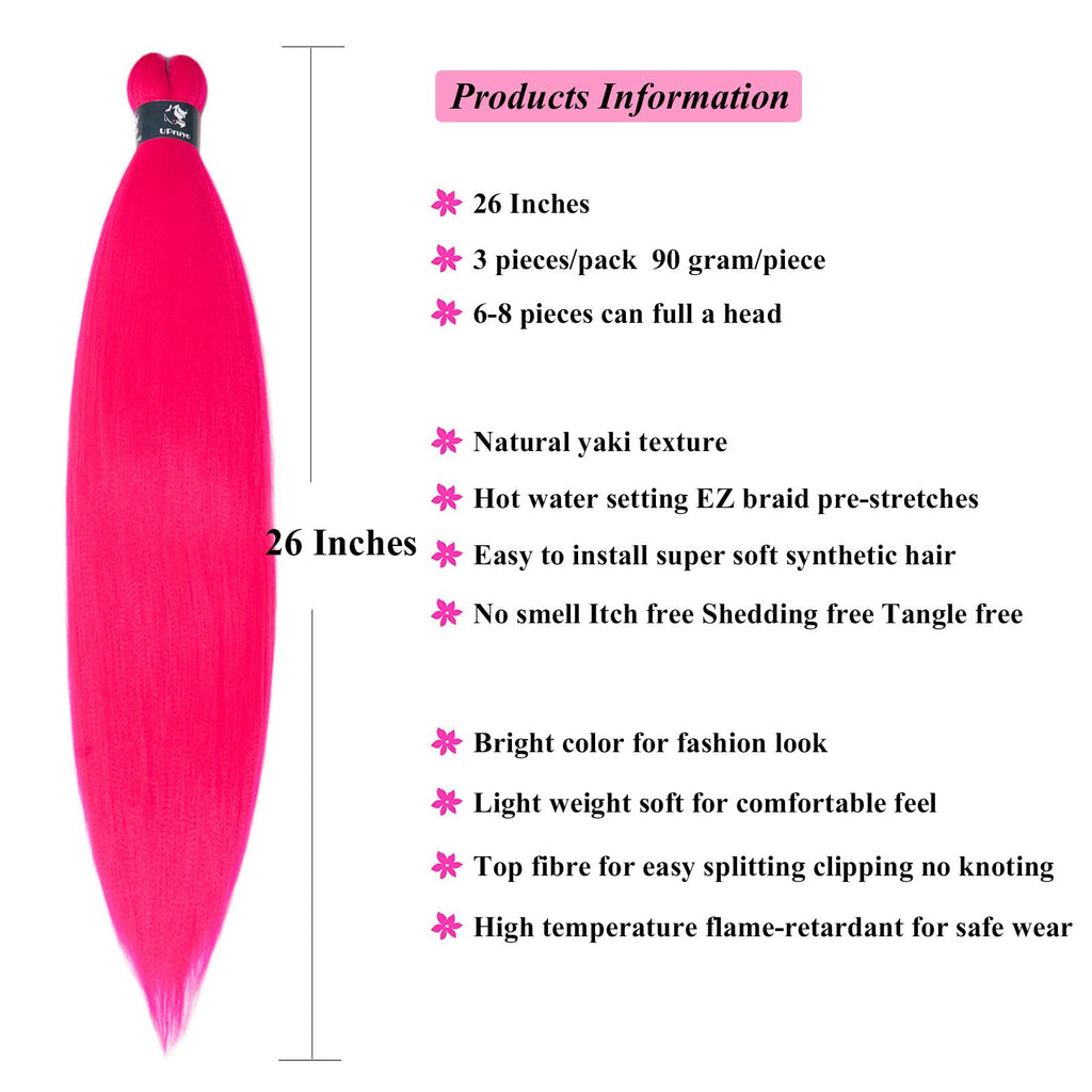 UPruyo Hot Pink Braiding Hair Pre Stretched Colored Hair Extensions Prestretched Braiding Hair Neon Pink Knotless Yaki Texture Synthetic Hair for Micro Box Braids (26 Inch Folded 3 Packs)