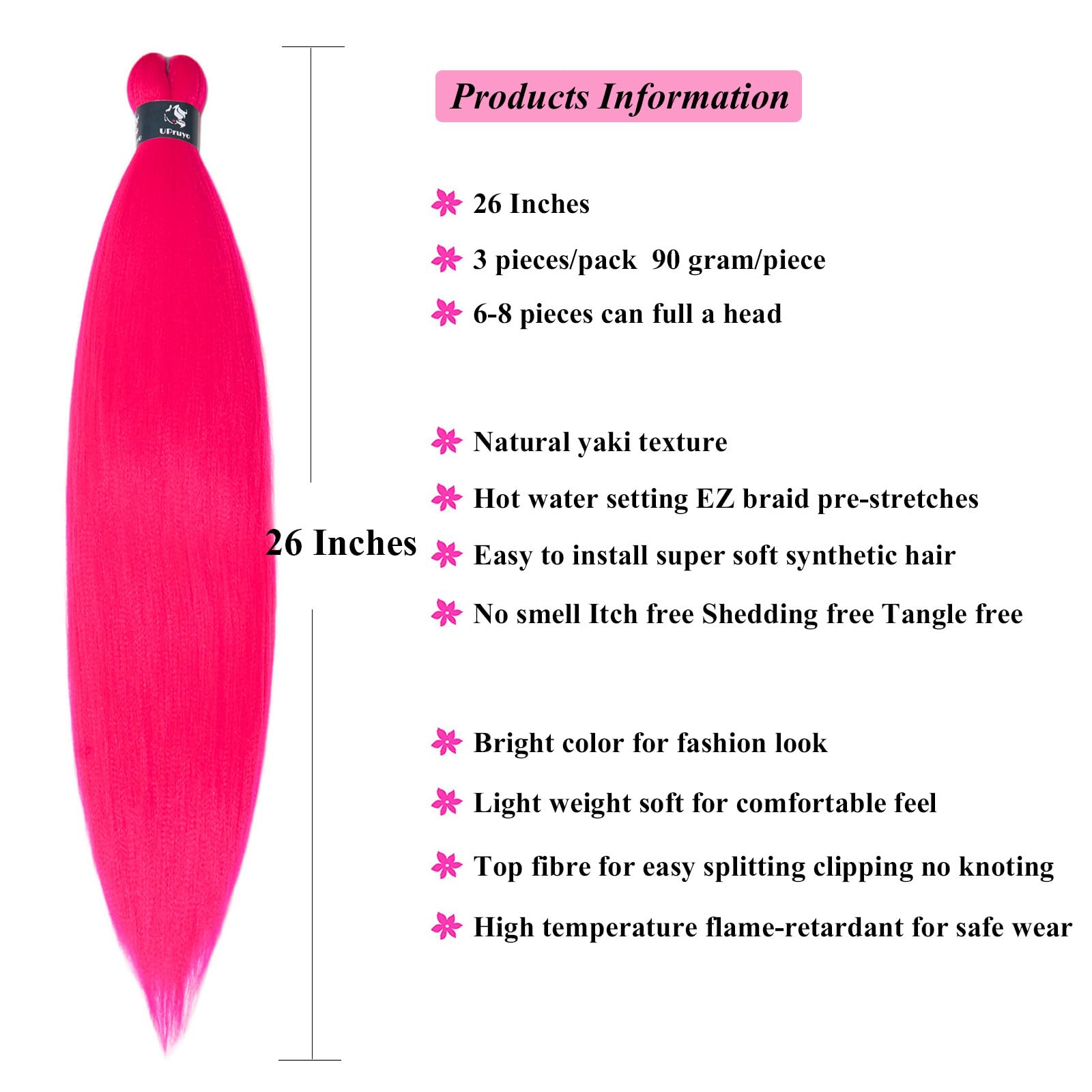 UPruyo Hot Pink Braiding Hair Pre Stretched Colored Hair Extensions Prestretched Braiding Hair Neon Pink Knotless Yaki Texture Synthetic Hair for Micro Box Braids (26 Inch Folded 3 Packs)