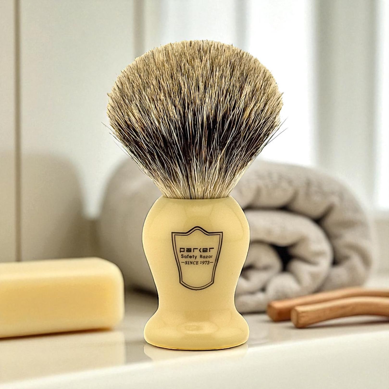 Parker 3-Band Pure Badger Bristle Shaving Brush, Faux Ivory Handle