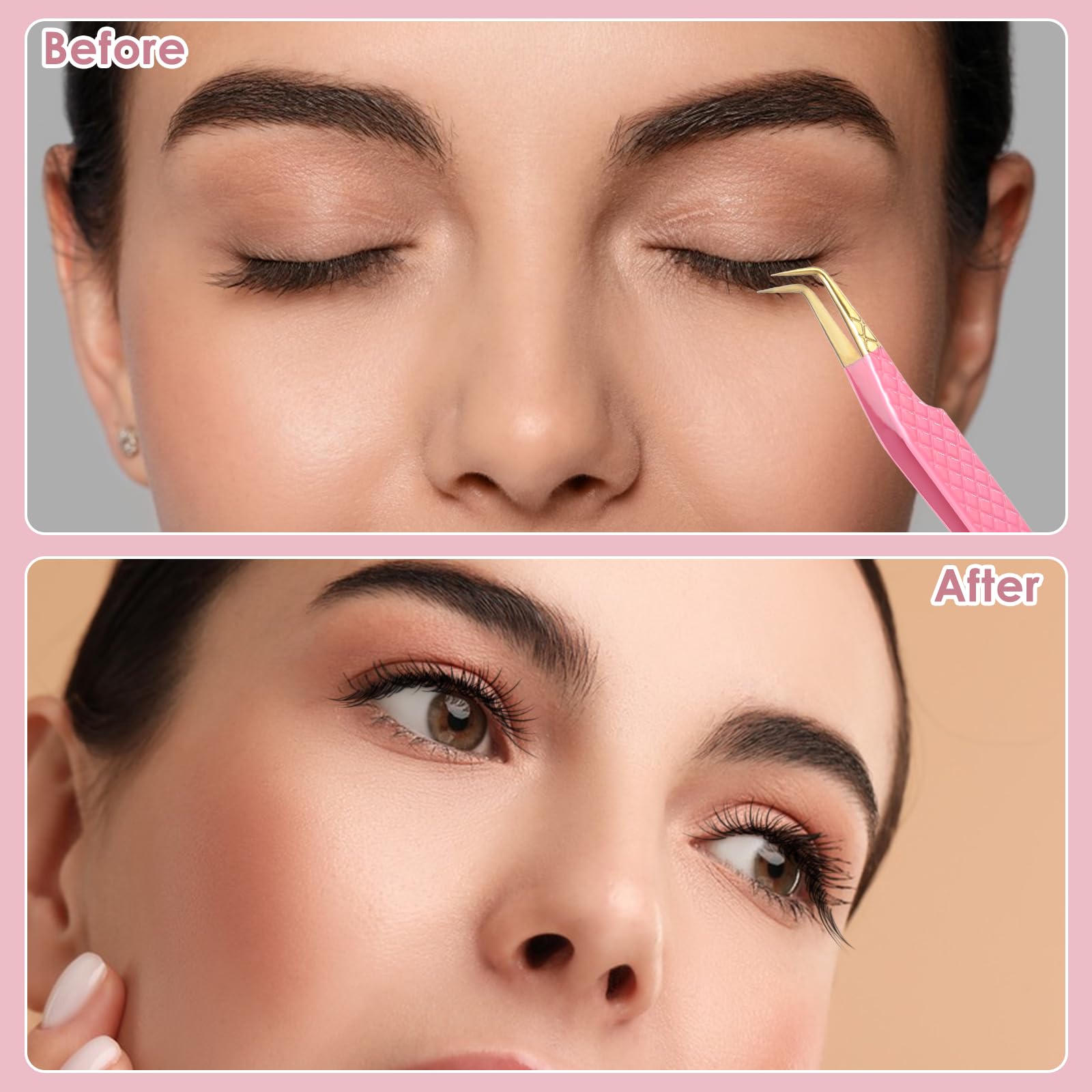 Tyqour 2Pcs Lash Tweezers for Eyelash Extensions 90 Degree Eyelash Extension Tweezers Fiber Tip Lash Tweezers False Eyelash Tweezers Lash Cluster Tweezers for Volume Lashes, Pink