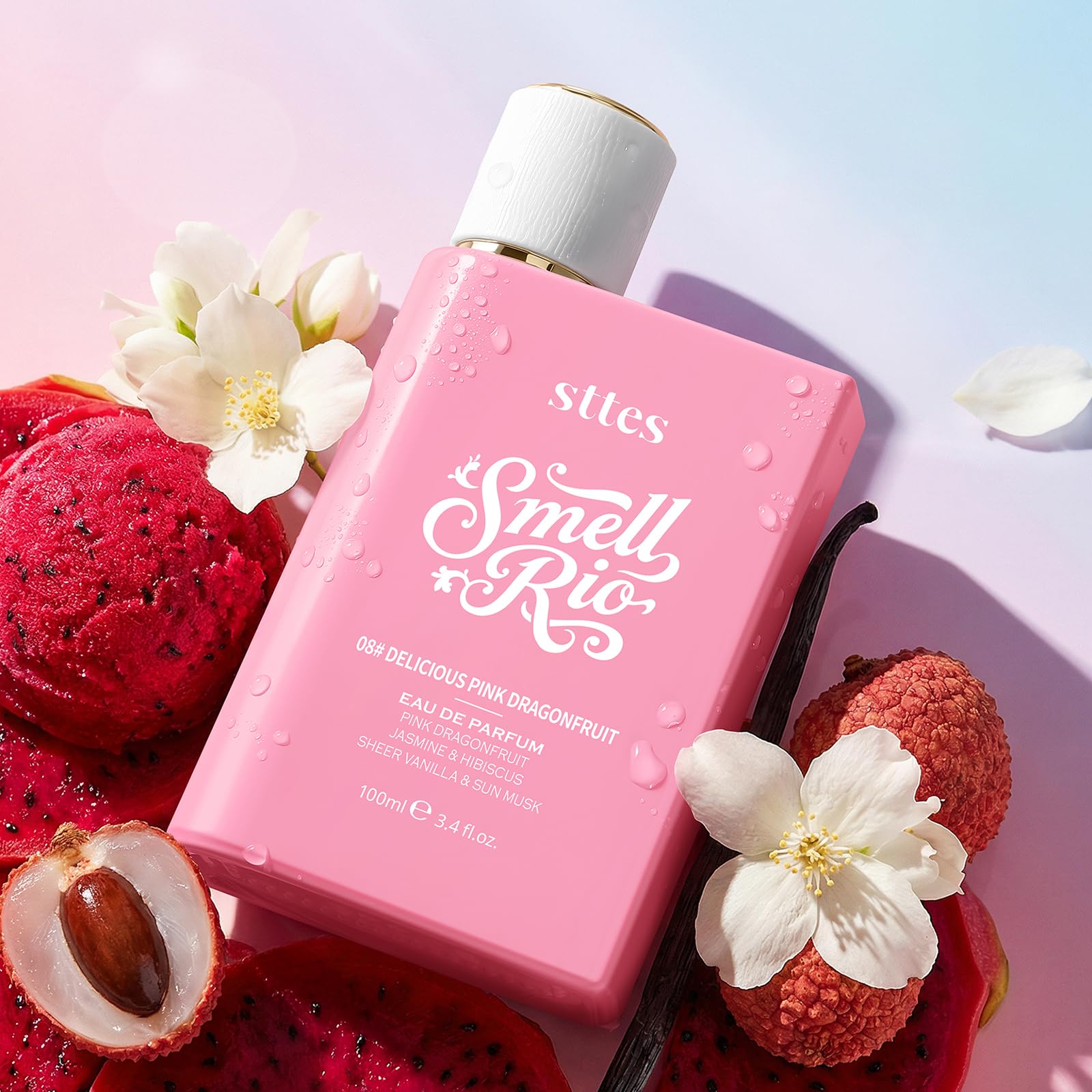 Sttes Smell Rio 08# (Delicious Pink Dragonfruit) Eau de Parfum for Women, Fruity Floral Perfume with Pink Dragonfruit, Lychee, Jasmine, Hibiscus, Vanilla & Sun Musk, 100ml/3.4 Fl Oz