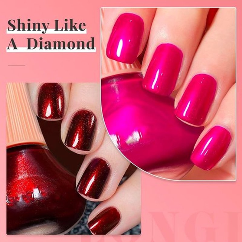 COSMOO Hot Pink with Wine Red 2pcs Nail Polish, 12ml Quick Dry Nail Lacquer, Super Lustrous Nail Enamel Polish, Shimmer Iridescent Ultrachrome Nail Art Varnish, 0.41 fl oz/pcs (Hot Pink + Wine Red)