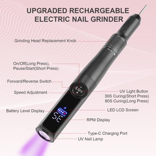 Electric Nail Drill Rechargeable Professional,2 in 1 Nail Grinder & UV Lamp Combo,35000 RPM,Portable Cordless Nail File Machine for Acrylic Nails,Gel Polishing,Shaping Nails,Manicure Art Tools