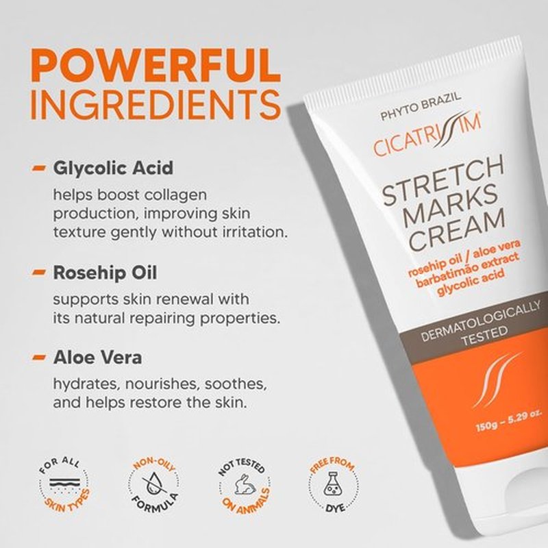 Cicatrissim Stretch Mark Cream - Softens & Firms Skin, Evens Tone - For All Skin Types - 150g