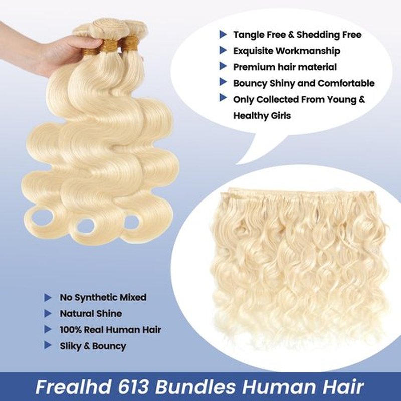 613 Blonde Bundles Human Hair Body Wave 24 inch, 16A Quick Weave Bundles Human Hair Sew in Extensions 100% Real Human Hair No Synthetic Blend, Double Weft, Triple Lifespan 3X, Can Be Dyed