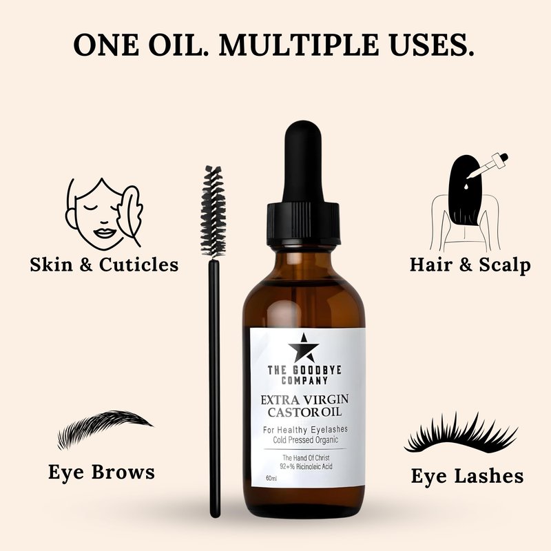 USDA Organic Castor Oil for Eyelashes and Eyebrows Growth - 100% Pure Cold-Pressed, Hexane-Free 60ml with Applicator - Handcrafted in Florida for Hair, Skin & Lashes