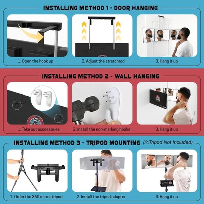 Skiennix 360 Mirror - Adjustable 3-Way Trifold Mirror for Self Hair Cutting | Perfect for Men & Women