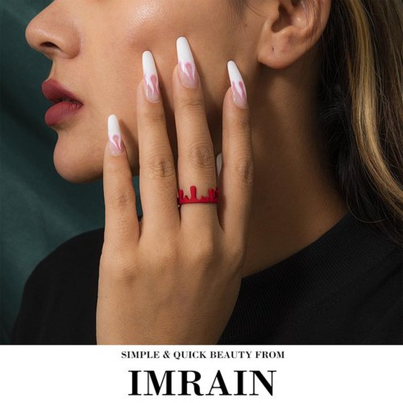 IMRAIN Long Square Press on Nails Pink French Tips Fake Nails with Cross & Cherry Charm Designs Full Cover Glossy Glue on Nails Acrylic Artificial Nail Supplies 24Pcs