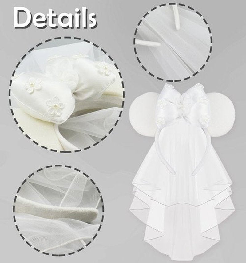 LIHELEI Bridal Veil Mouse Ear Headband, Minnie Headband for Honeymoon Wedding, Bachelorette Party Headpiece for Women Girls-White