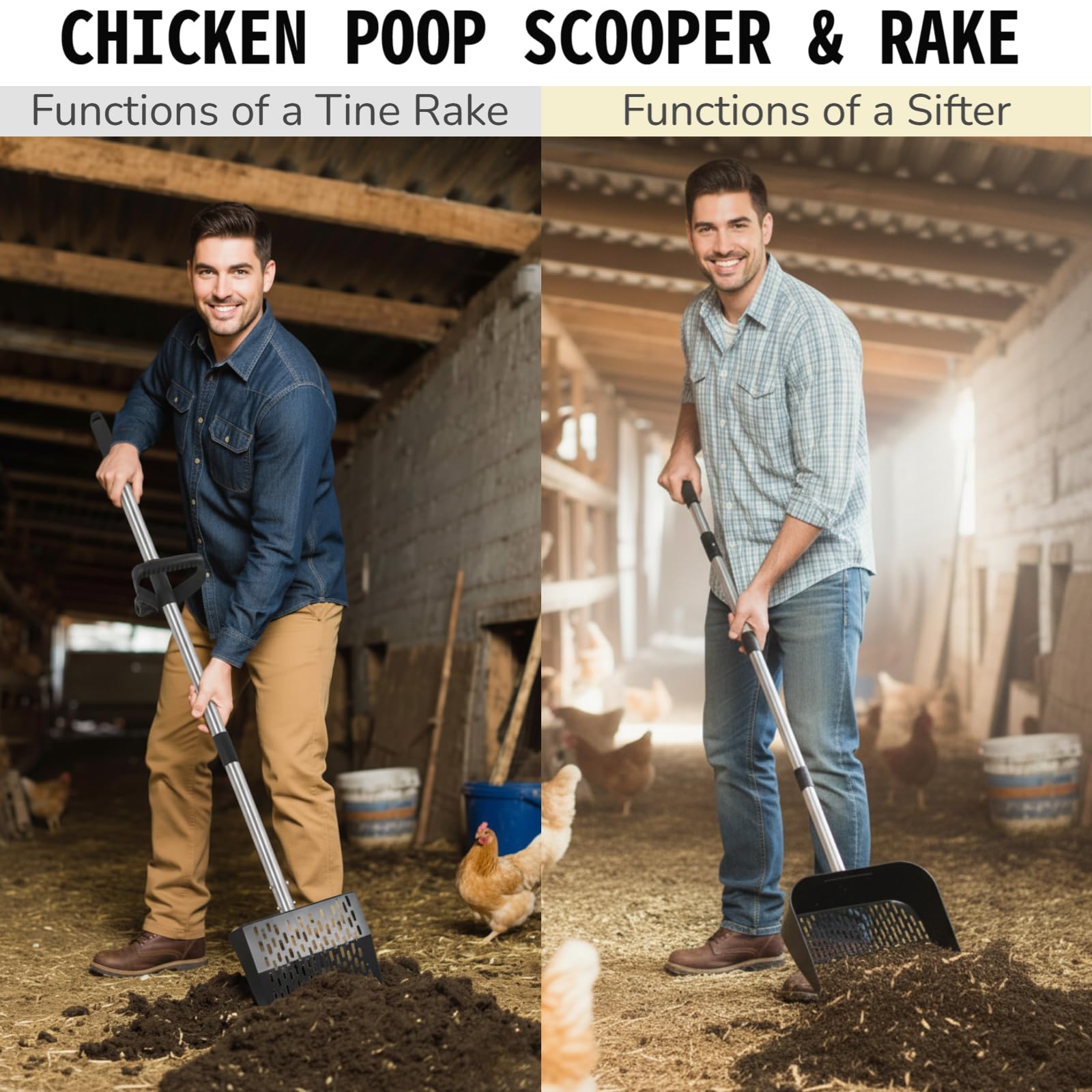 ZyCooom Chicken Poop Scooper & Rake 2-in-1, Adjustable Steel Handle Chicken Poop Shovel (24"-63.7"). Chicken Coop Scoop for Chicken Coop and Pet Poop Cleaning with Ergonomic Grip-Long Slot