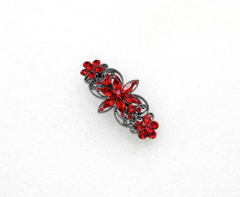 Faship Red Rhinestone Crystal Gun Metal Plated Flora Hair Barrette Clip