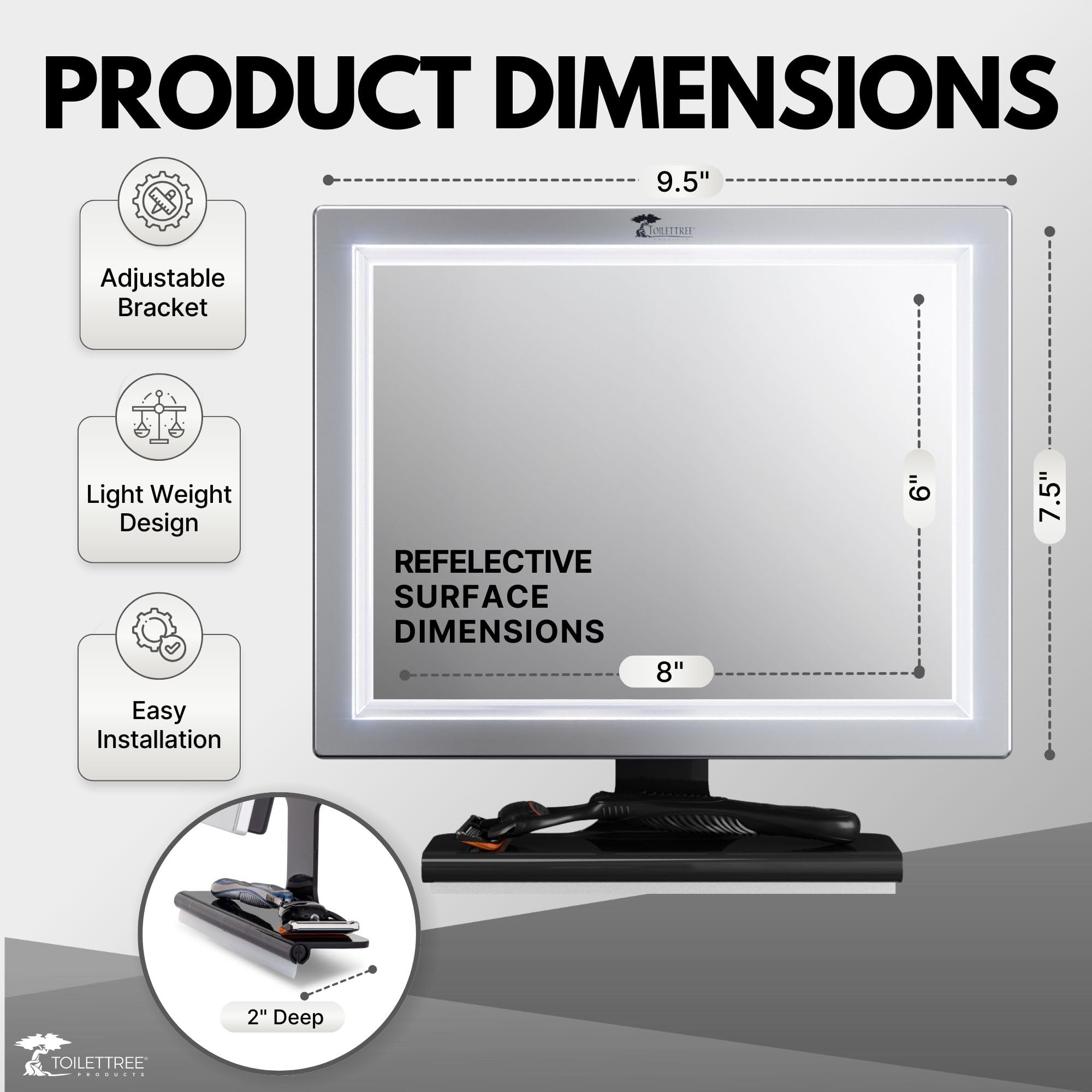 ToiletTree Products Deluxe LED Fogless Shower Mirror with Squeegee Anti-Fog Mirror - Adjustable Shaving Mirror with a Squeegee - Rust-Proof, Impact-Resistance Bathroom Shower Mirror