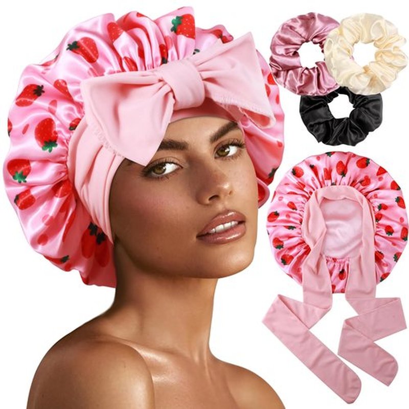 1+3 Large Satin Bonnets with Scrunchies for Women, Double Layer Hair Bonnet Tie Bonnet for Sleeping Braids Curly Hair, J