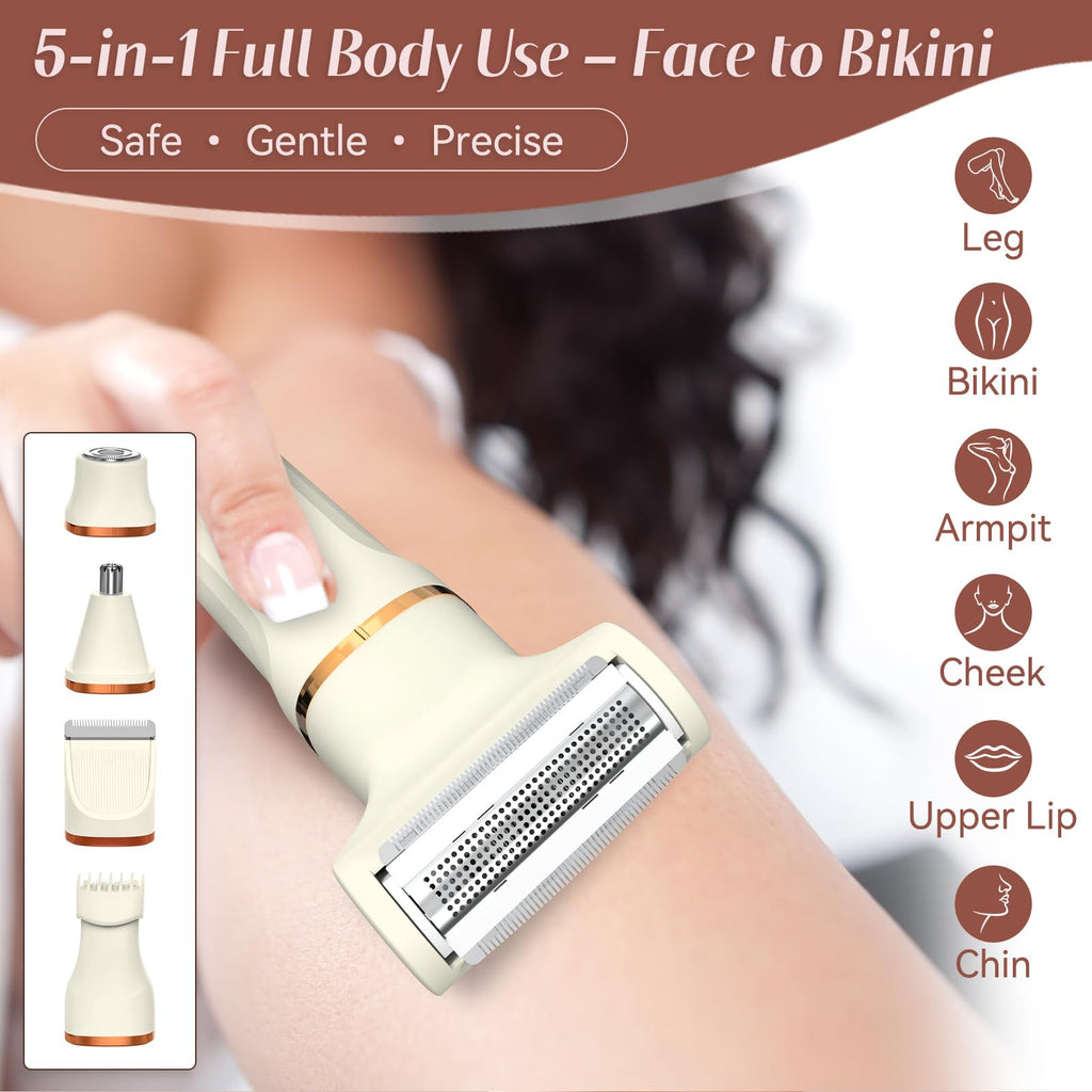 TEENOVA 5-in-1 Bikini Trimmer for Women, Electric Razors Shaver IPX7 Waterproof, Cordless Body Hair Trimmer, Ceramic Blade, Facial & Pubic Hair Removal, Travel Portable (Off-White)
