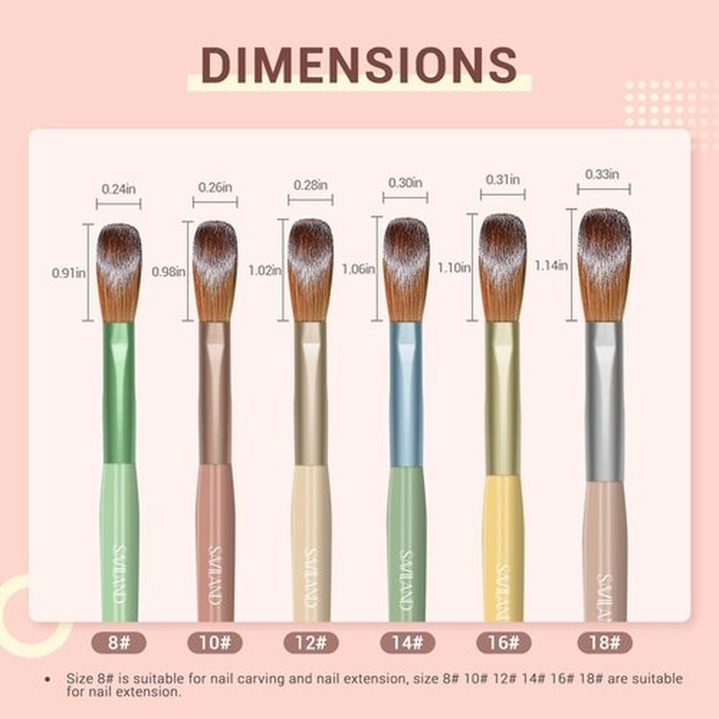 Saviland Kolinsky Acrylic Nail Brush Set: 6PCS Professional Nail Brushes for Acrylic Powder Application DIY Nail Art Extension 3D Carving Manicure Tool Home Practice Beginner Kit Size 8,10,12,14,16,18