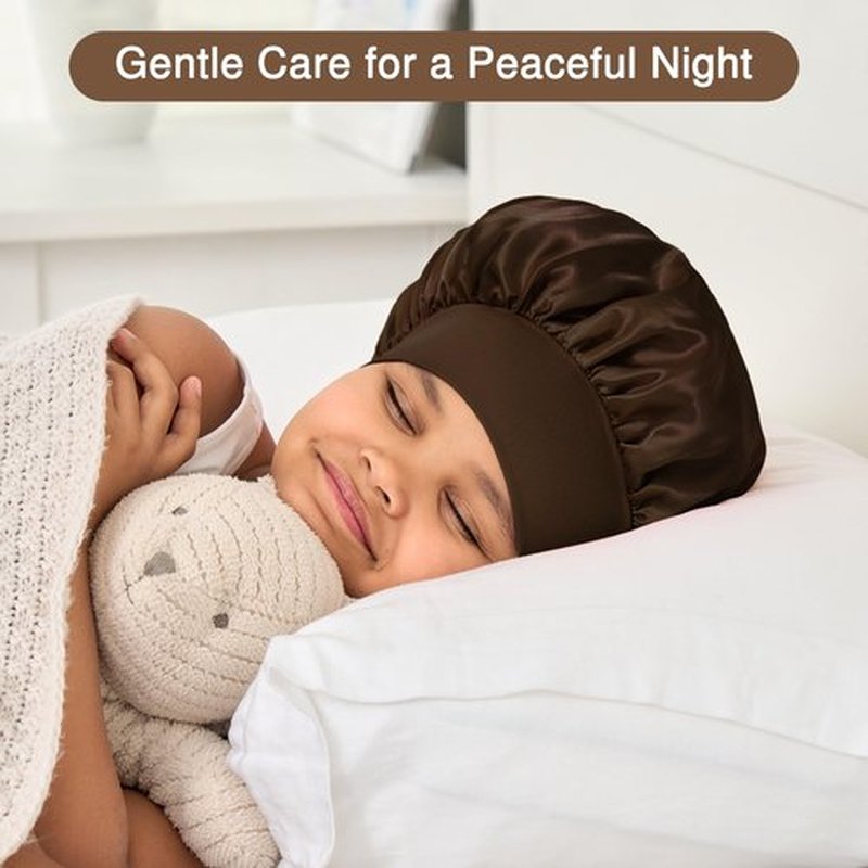 Kids Satin Hair Bonnet for Sleeping, 3 Pcs Wide Band Sleep Bonnet Hat Night Cap for Curly Hair (Black, Coffee, Dark Blue)