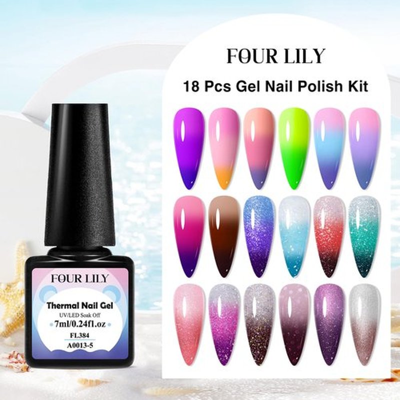 Four Lily Color Changing Gel Nail Polish Set, 18 Colors Red Pink Glitter Blue Purple Mood Temperature Change Nail Polish Gel Set Soak Off Nail Art Gel DIY Salon Valentine's Day Manicure Gift