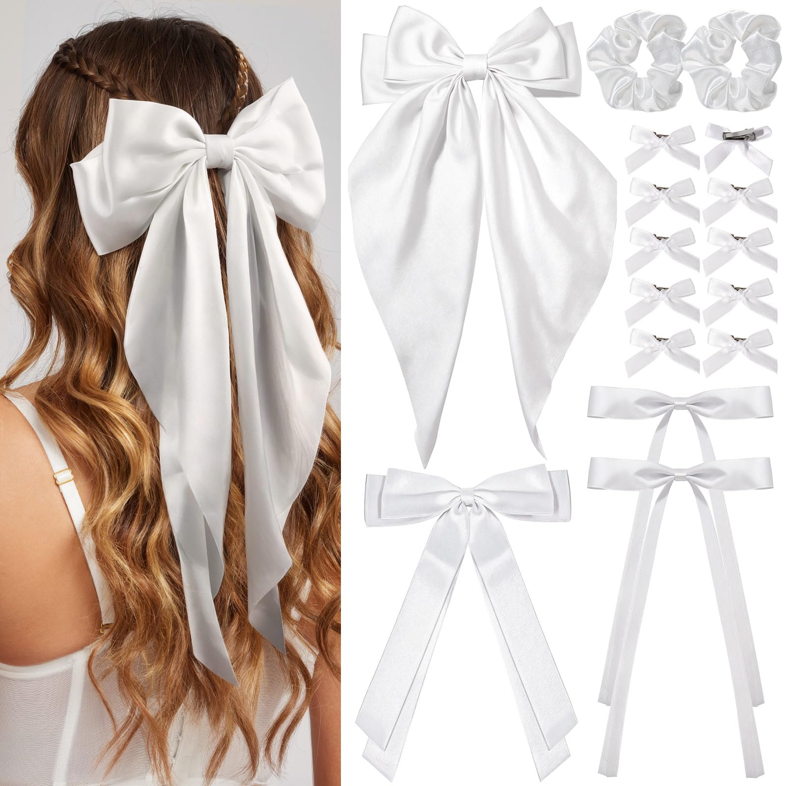 YGDZ 16PCS White Oversized Silky Satin Hair Bows Set, Ribbon Bows with Scrunchies for Women & Girls, Christmas Stuffers Xmas Gift, White Hair Accessories for Christmas & Wedding