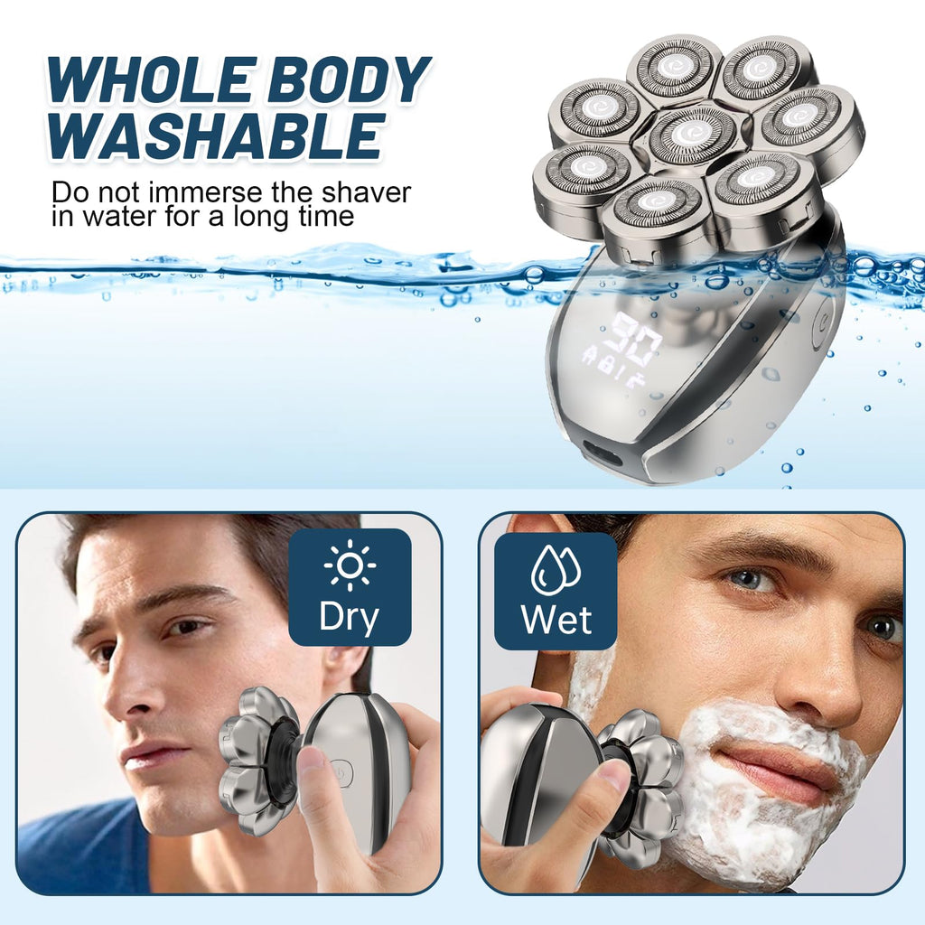 Electric Head Shavers for Men：- 6 in 1 Head Shavers for Bald Men, IPX6 Waterproof Men's 8D Electric Head Razor, Wet&Dry Rotary Shaver Grooming Kit with Nose Beard Trimmer Hair Clipper