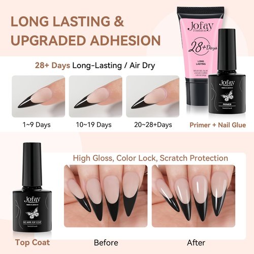 French Gel Nail Tips Kit, Jofay Fashion 240Pcs Stiletto French Tip Press on Nails Long, Natural Fake Nails Pre-Base Coat & Black French Tips with 30g Solid Nail Glue Gel for x Coat Press on Nails