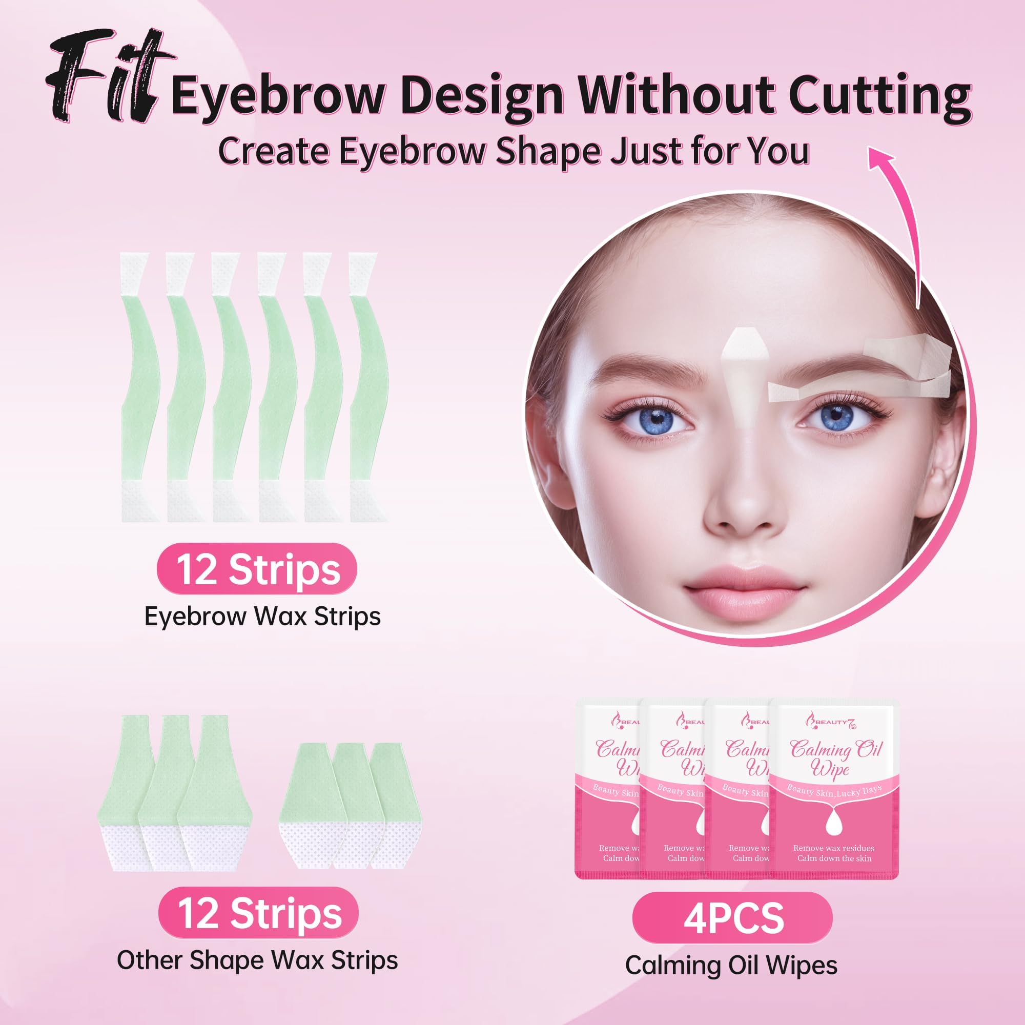 Beauty7 Facial Wax Strips for Hair Removal - Eyebrow Wax Strips at Home - 24 Strip, 4 Calming Oil Wipes for All Skin Types for Women
