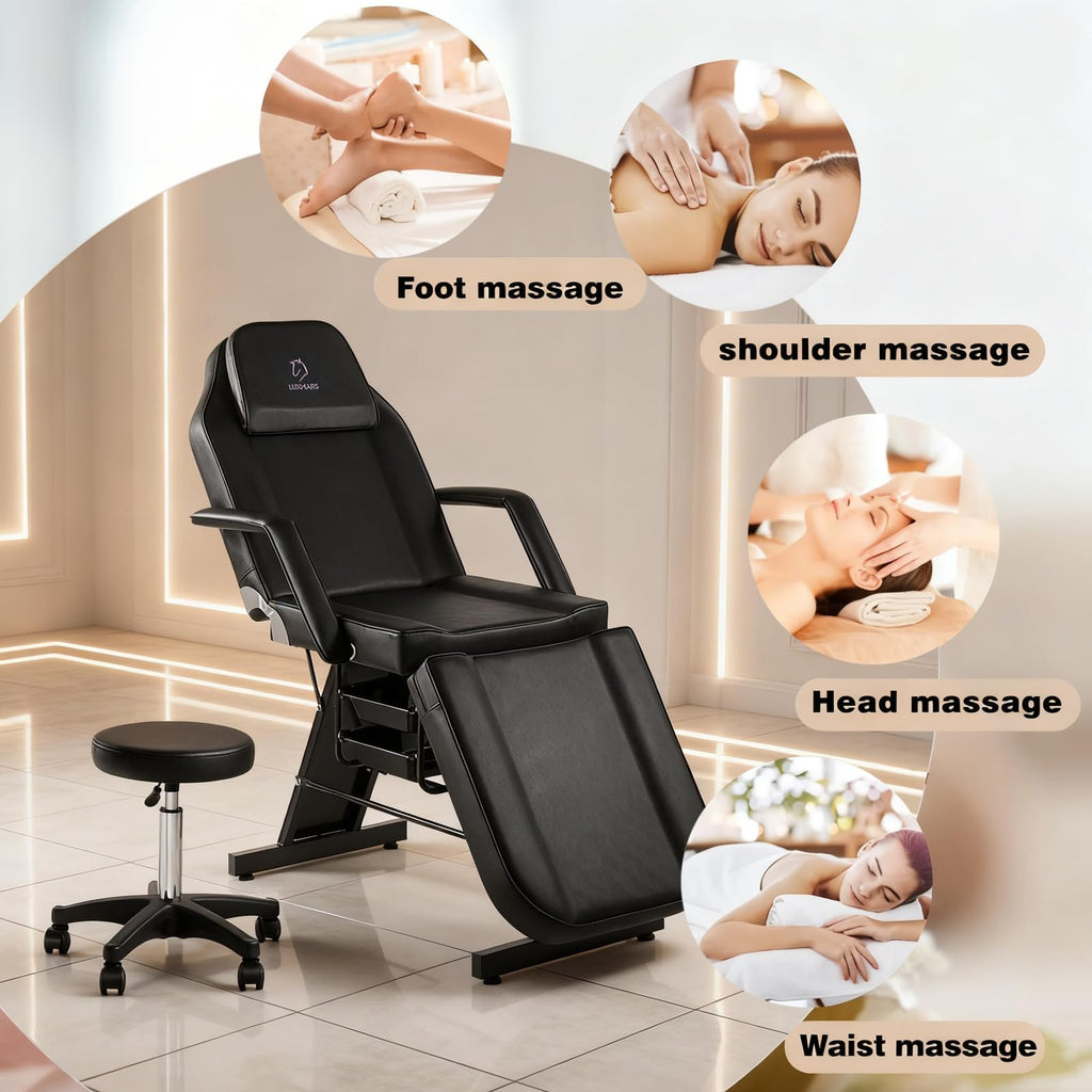 LUXMARS Facial Chair,73″ Tattoo Chair for Client,3-Section Adjustable Massage Table with Stool,Multipurpose Beauty Beds Salon Equipment for Esthetician,Tattooshop,Spa (Black)