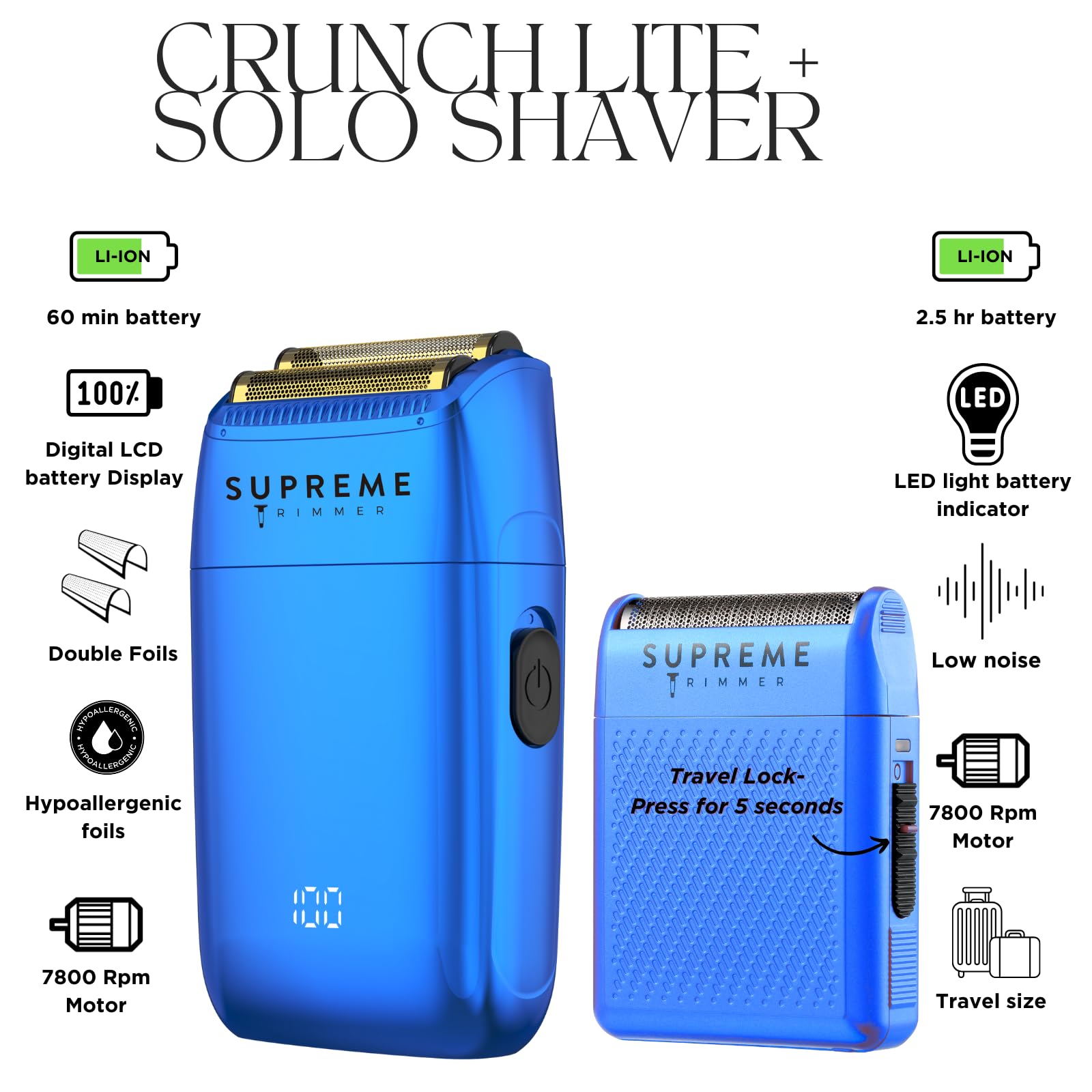 Supreme Trimmer Crunch Lite & Solo Foil Shaver Kit | Pro Barber Electric Foil Razer STF600 & STF101 Set | Blue
