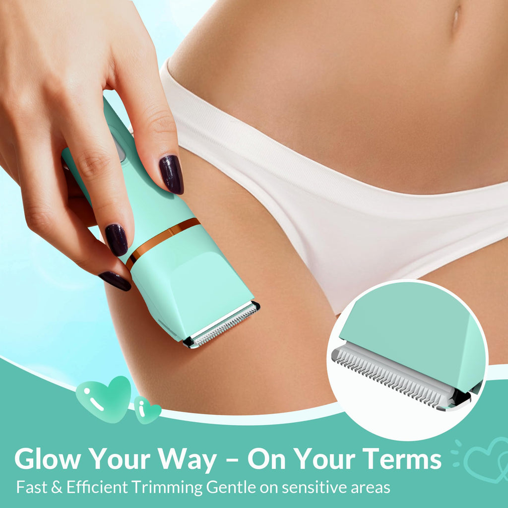 KINGTEE 5-in-1 Electric Bikini Trimmer for Women – IPX7 Waterproof Shaver, Cordless Body & Facial Razors for Women, Ceramic Blades, USB-C Rechargeable, Painless Hair Removal Kit (Pure Green)