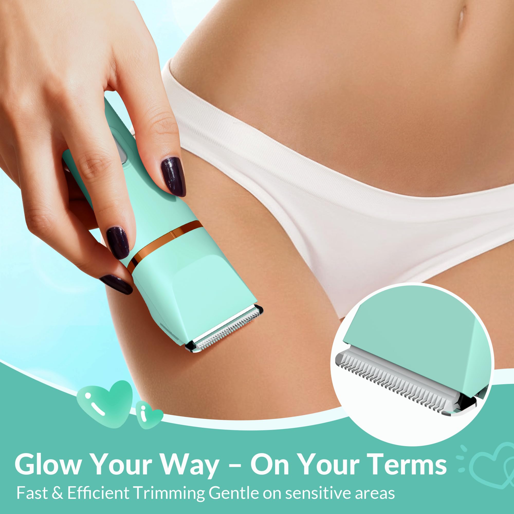 KINGTEE 5-in-1 Electric Bikini Trimmer for Women – IPX7 Waterproof Shaver, Cordless Body & Facial Razors for Women, Ceramic Blades, USB-C Rechargeable, Painless Hair Removal Kit (Pure Green)