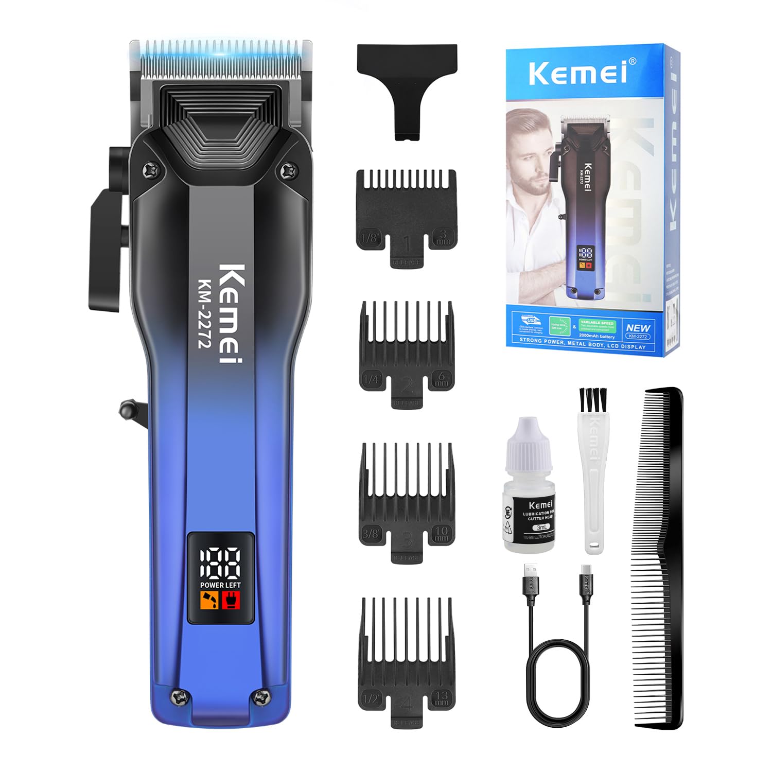 KEMEI KM-2272 Professional Hair Clippers for Men, Cordless Barber Clippers, Electric Clipper for Men Haircut, USB Type C Rechargeable Up to 200 Min Usage with LED Display