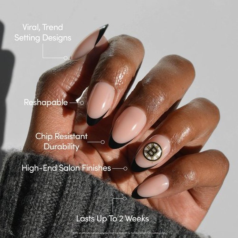 Glamnetic x Fanatics Press On Nails - Boston Bruins | Short Almond Fake Nails, NHL Bruins Black French Tips, Hockey Nails, Salon-Quality | 15 Sizes - 30 Nail Kit with Glue