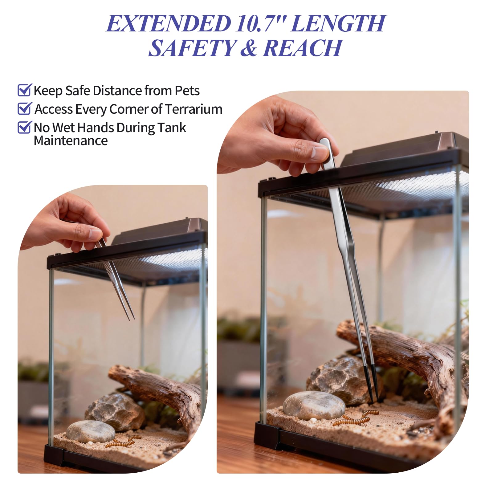 2PCS Reptile Feeding Tongs,10.6" Extra Long Stainless Steel Tweezers with Rubber Tips, Bearded Dragon Lizards Aquarium Straight and Curved Long Tweezers for Snake Feeding, Terrarium, Aquarium(Silver)