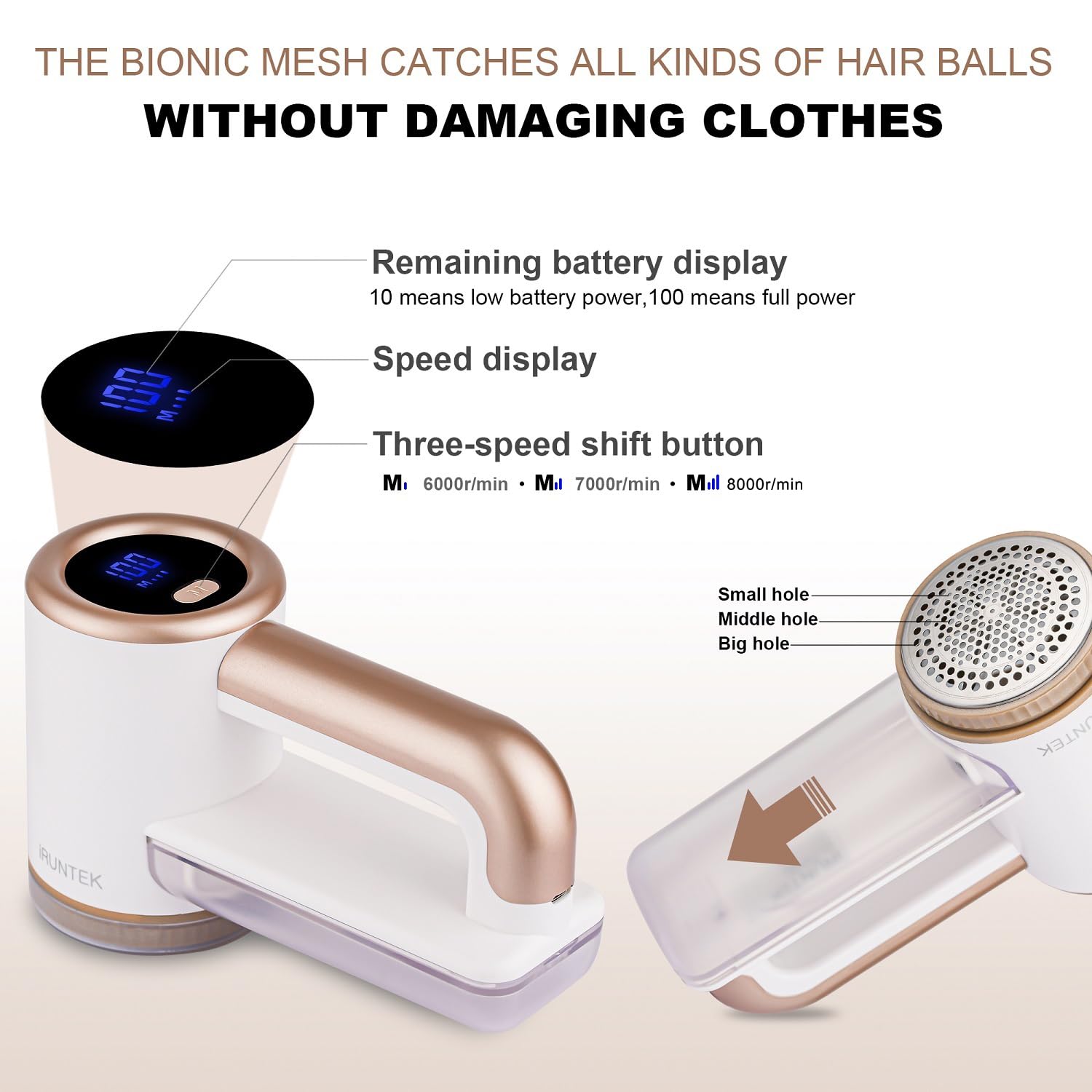 iRUNTEK Rechargeable Fabric Shaver, Electric Commercial Lint Remover with LED Display & Big Trash Box, 3-Speeds for Removing Fuzz and Pill from Clothes, Furniture, Sweater, Couch and Blanket, White