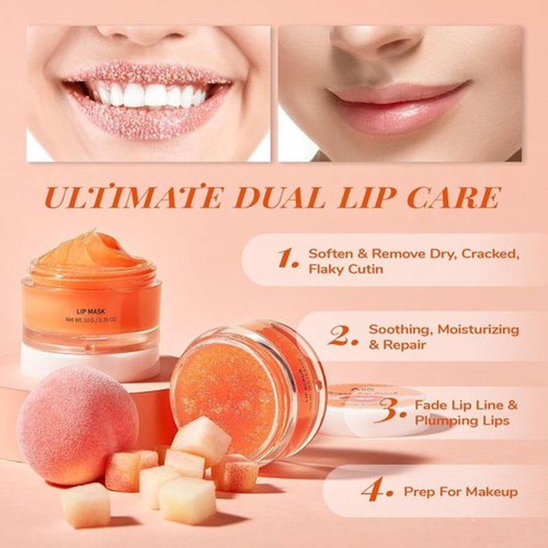 ANAI RUI Lip Scrub & Mask Set - Exfoliating Sugar Scrub & Moisturizing Overnight Mask for Dry Lips | Peach