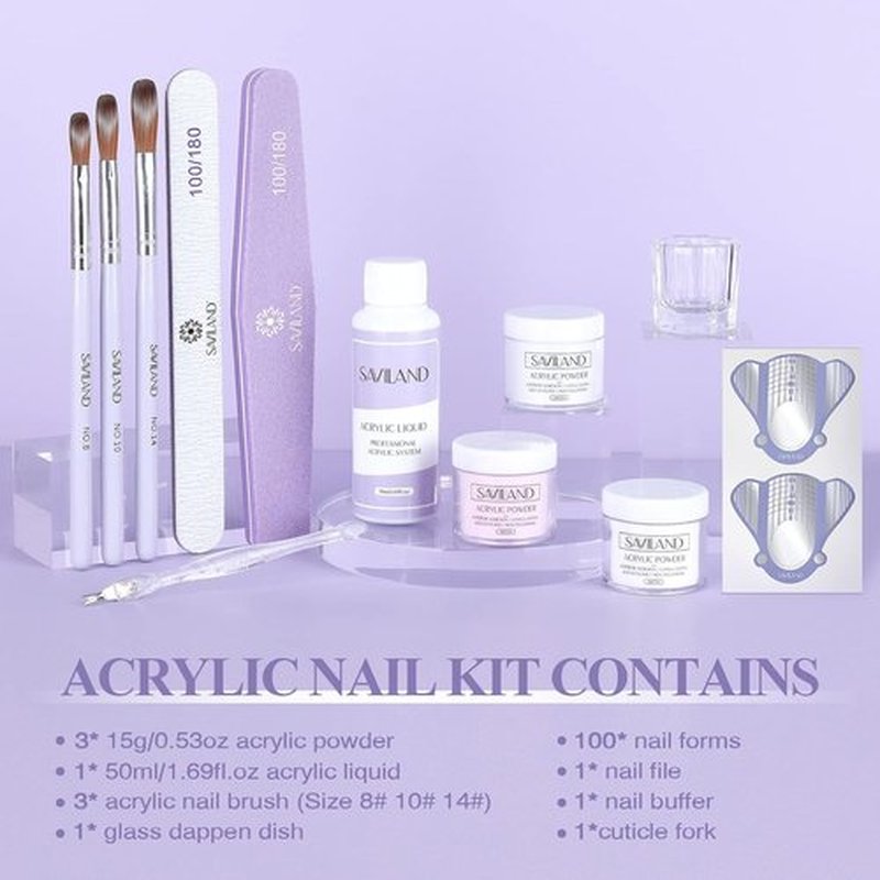 SAVILAND Acrylic Nail Kit for Beginners - Clear, White & Pink Powder, 1.7 fl oz Liquid, 100Pcs Tools