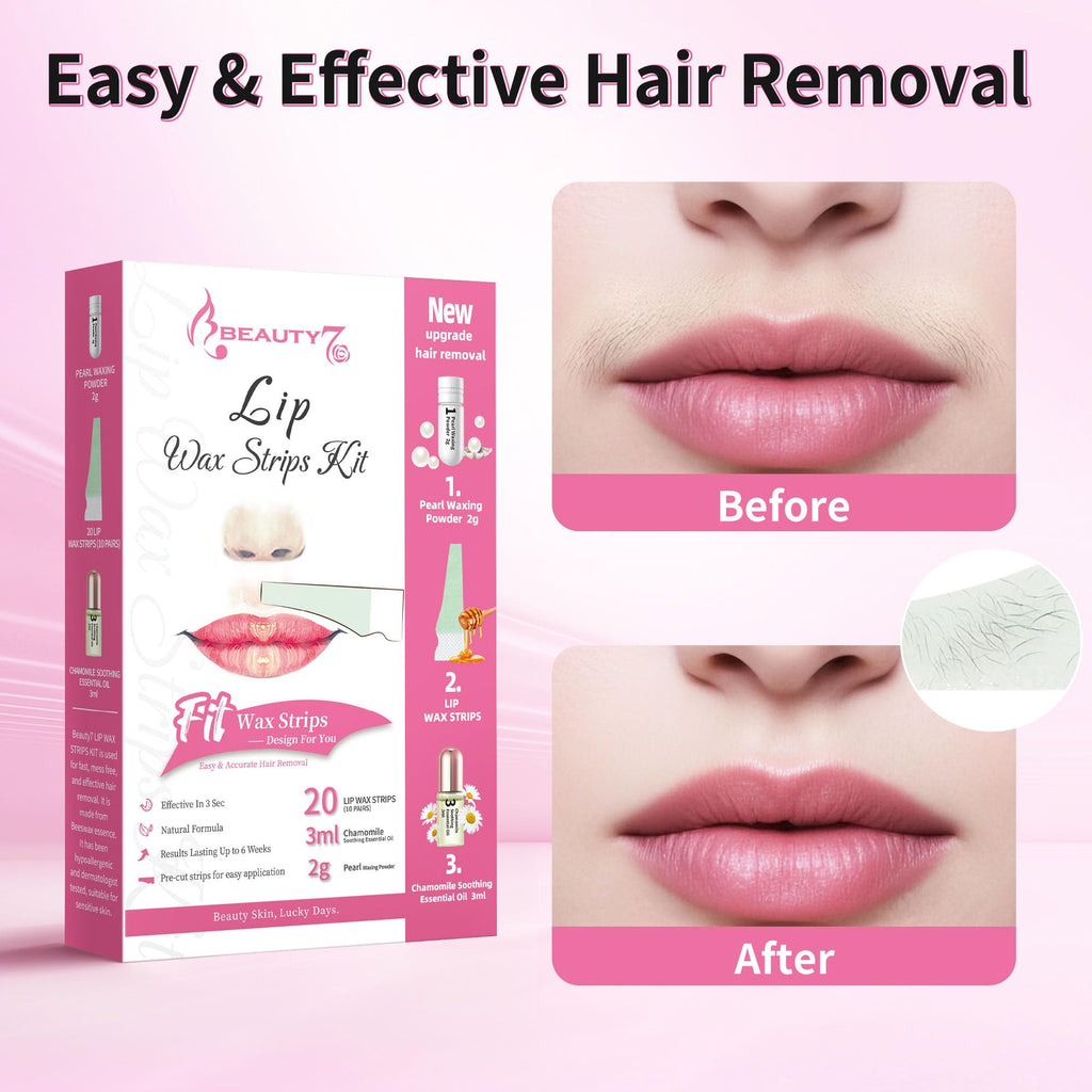 Beauty7 Lip Wax Strips for Women, Facial Wax Strips, Hair Removal for All Skin Types, 20 pcs Strips with Pearl Powder Essential Oil