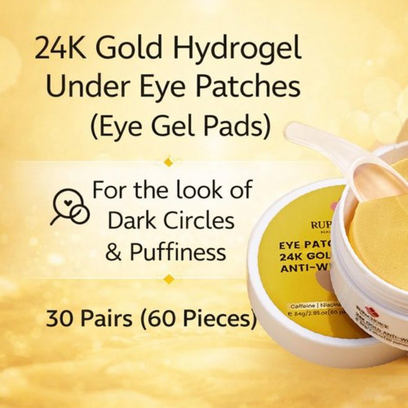 Rupachoice Under Eye Patches, 24K Gold Hydrogel Eye Patches with Caffeine + Niacinamide + Ectoin, Cooling Depuffing Eye Gel Pads for Dark Circles, 30 Pairs (60 Pieces)