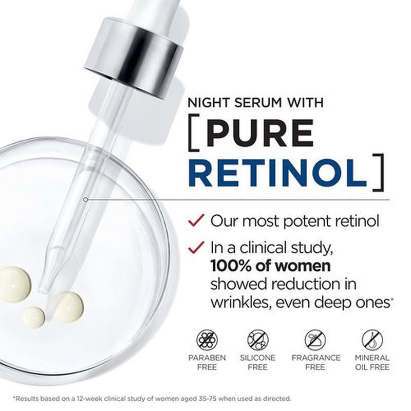 L'Oreal Paris Revitalift Night Serum - 0.3% Pure Retinol for Deep Wrinkle Reduction | Fragrance-Free, 1 oz + Moisturizer Sample