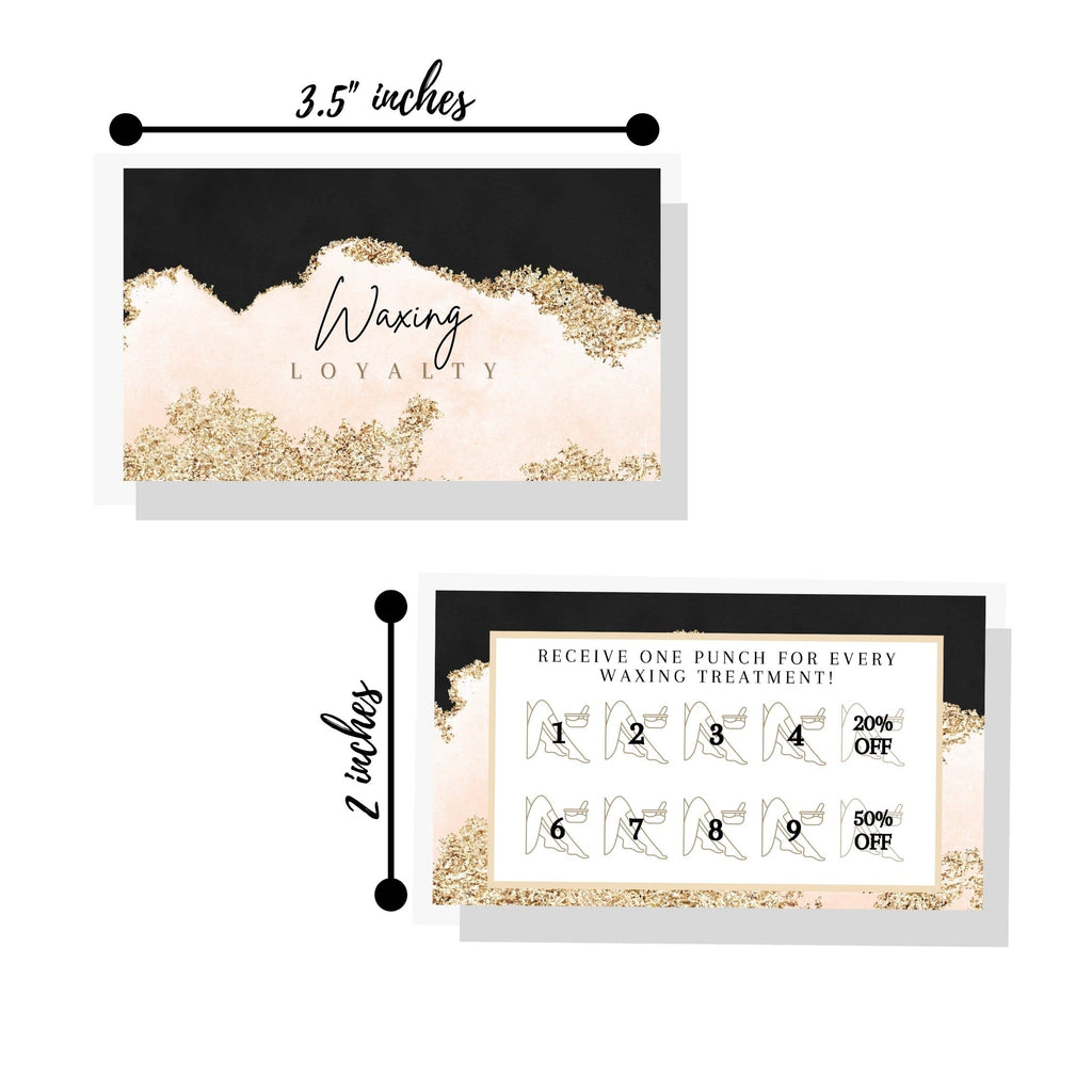 Boutique Marketing Waxing Loyalty Discount Cards | 50 Pack | Size 2x3.5'' inches Business Card Size | Matches Waxing Aftercare Kit Cards PMU | Black, Pink, and Gold Design